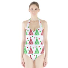 Decorative Christmas Trees Pattern - White Halter Swimsuit by Valentinaart