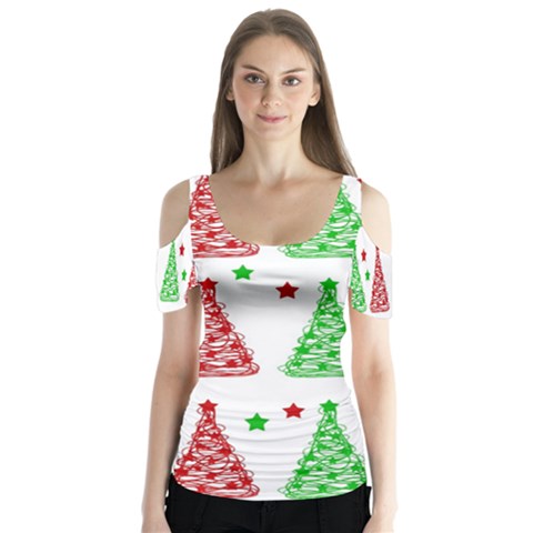 Decorative Christmas Trees Pattern - White Butterfly Sleeve Cutout Tee  by Valentinaart