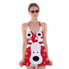 Christmas Reindeer - Red Halter Swimsuit Dress by Valentinaart