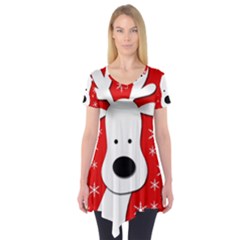 Christmas Reindeer - Red Short Sleeve Tunic  by Valentinaart