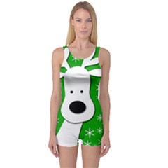 Christmas Reindeer - Green One Piece Boyleg Swimsuit by Valentinaart