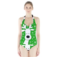 Christmas Reindeer - Green Halter Swimsuit by Valentinaart