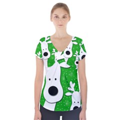 Christmas Reindeer - Green 2 Short Sleeve Front Detail Top by Valentinaart