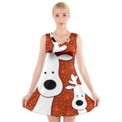 Christmas Reindeer - Red 2 V-neck Sleeveless Skater Dress by Valentinaart