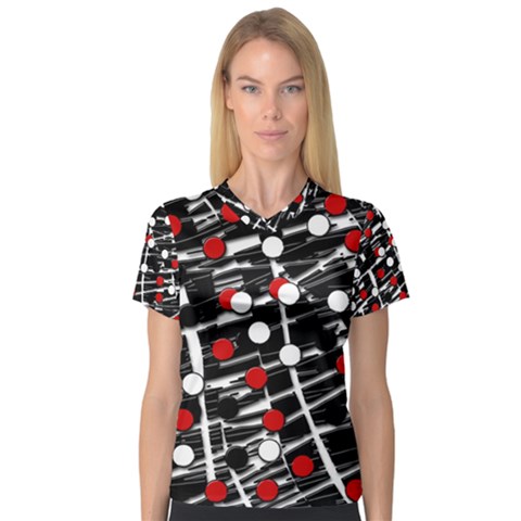 Red And White Dots Women s V-neck Sport Mesh Tee by Valentinaart