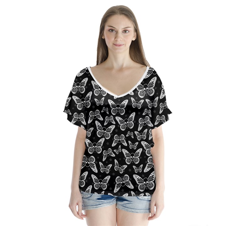 Butterfly Skulls V-Neck Flutter Sleeve Top