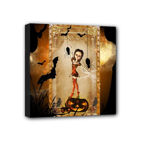 Halloween, Cute Girl With Pumpkin And Spiders Mini Canvas 4  X 4  by FantasyWorld7