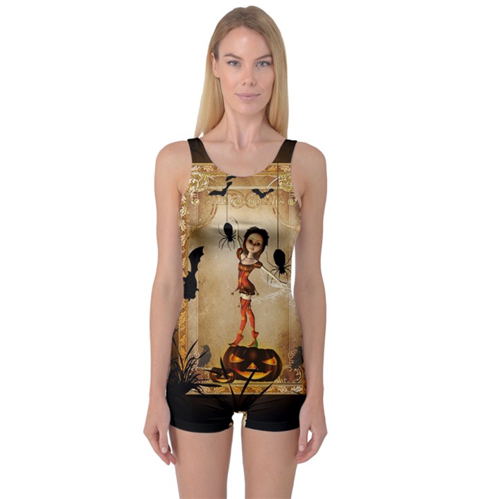 Halloween, Cute Girl With Pumpkin And Spiders One Piece Boyleg Swimsuit