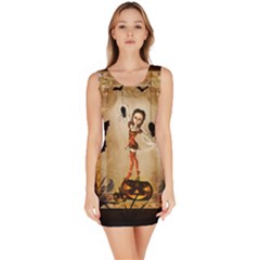 Halloween, Cute Girl With Pumpkin And Spiders Sleeveless Bodycon Dress by FantasyWorld7