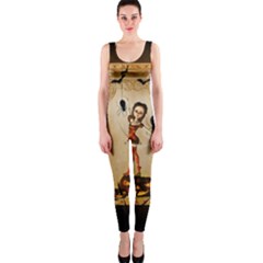 Halloween, Cute Girl With Pumpkin And Spiders Onepiece Catsuit