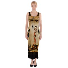 Halloween, Cute Girl With Pumpkin And Spiders Fitted Maxi Dress by FantasyWorld7