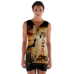 Halloween, Cute Girl With Pumpkin And Spiders Wrap Front Bodycon Dress by FantasyWorld7