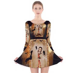 Halloween, Cute Girl With Pumpkin And Spiders Long Sleeve Velvet Skater Dress by FantasyWorld7