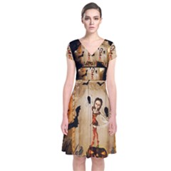 Halloween, Cute Girl With Pumpkin And Spiders Short Sleeve Front Wrap Dress by FantasyWorld7