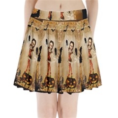 Halloween, Cute Girl With Pumpkin And Spiders Pleated Mini Skirt by FantasyWorld7