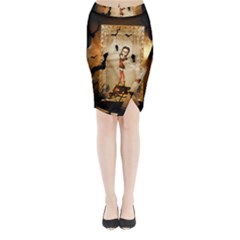 Halloween, Cute Girl With Pumpkin And Spiders Midi Wrap Pencil Skirt by FantasyWorld7