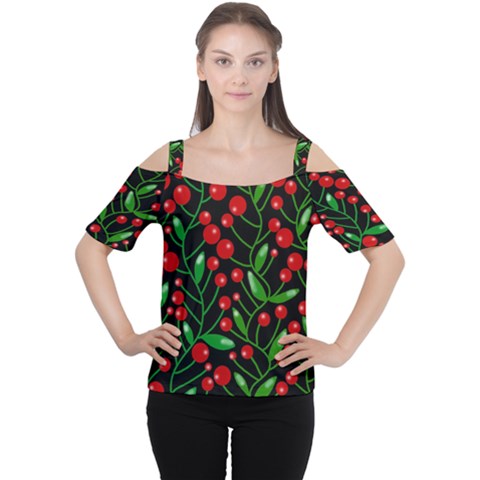 Red Christmas Berries Women s Cutout Shoulder Tee by Valentinaart