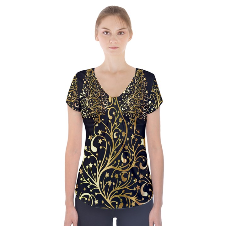 Decorative Starry Christmas Tree Black Gold Elegant Stylish Chic Golden Stars Short Sleeve Front Detail Top