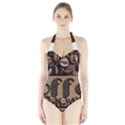 Funny Coffee Beans Brown Typography Halter Swimsuit View1