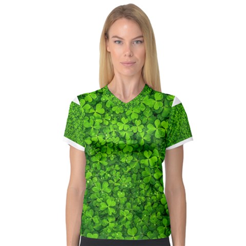 Shamrock Clovers Green Irish St  Patrick Ireland Good Luck Symbol 8000 Sv Women s V-neck Sport Mesh Tee by yoursparklingshop