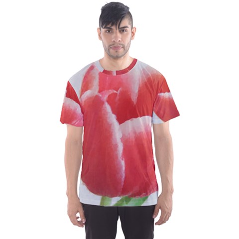 Red Tulip Watercolor Painting Men s Sport Mesh Tee by picsaspassion