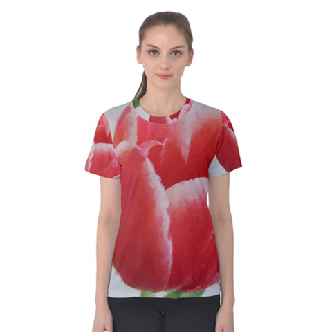 Red Tulip Watercolor Painting Women s Cotton Tee by picsaspassion