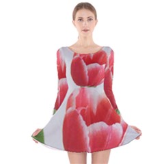 Red Tulip Watercolor Painting Long Sleeve Velvet Skater Dress by picsaspassion