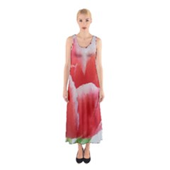 Tulip Red Watercolor Painting Sleeveless Maxi Dress by picsaspassion