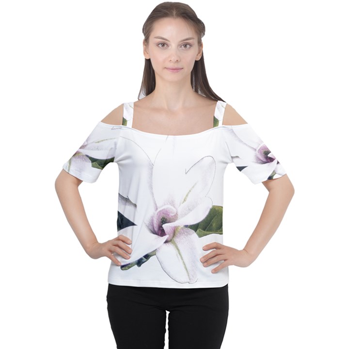 White Magnolia pencil drawing art Women s Cutout Shoulder Tee