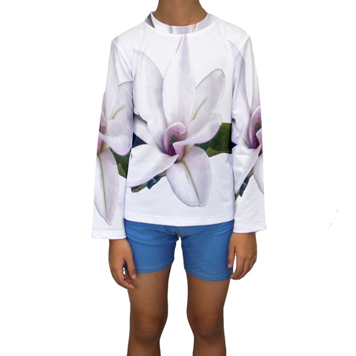 Magnolia Wit Aquarel painting art Kids  Long Sleeve Swimwear