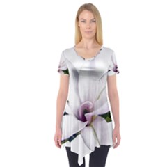 Magnolia Wit Aquarel Painting Art Short Sleeve Tunic 