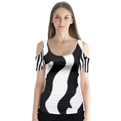 Zebra Horse Skin Pattern Black And White Butterfly Sleeve Cutout Tee 