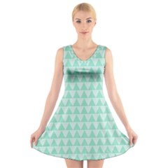 Mint Color Triangle Pattern V-neck Sleeveless Skater Dress by picsaspassion