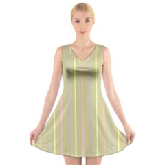 Summer Sand Color Lilac Pink Yellow Stripes Pattern V-neck Sleeveless Skater Dress by picsaspassion