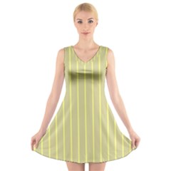 Summer Sand Color Yellow Stripes Pattern V-neck Sleeveless Skater Dress by picsaspassion