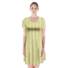 Summer Sand Color Yellow Stripes Pattern Short Sleeve V-neck Flare Dress