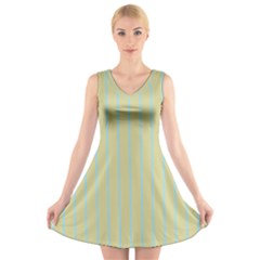 Summer Sand Color Blue Stripes Pattern V-neck Sleeveless Skater Dress by picsaspassion