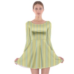 Summer Sand Color Blue And Yellow Stripes Pattern Long Sleeve Skater Dress