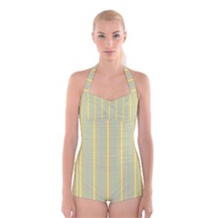 Summer Sand Color Blue And Yellow Stripes Pattern Boyleg Halter Swimsuit 