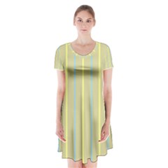 Summer Sand Color Blue And Yellow Stripes Pattern Short Sleeve V-neck Flare Dress by picsaspassion