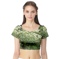 White Summer Flowers Short Sleeve Crop Top (tight Fit)