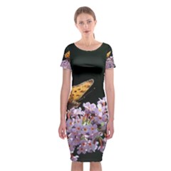 Butterfly Sitting On Flowers Classic Short Sleeve Midi Dress