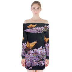 Butterfly Sitting On Flowers Long Sleeve Off Shoulder Dress