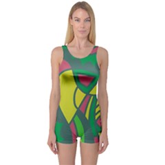 Green Abstract Decor One Piece Boyleg Swimsuit by Valentinaart