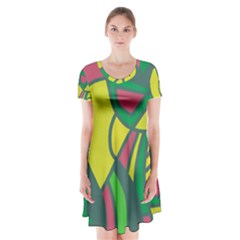 Green Abstract Decor Short Sleeve V-neck Flare Dress