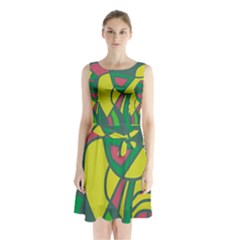 Green Abstract Decor Sleeveless Chiffon Waist Tie Dress