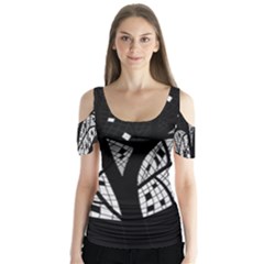 Black And White Tree Butterfly Sleeve Cutout Tee 