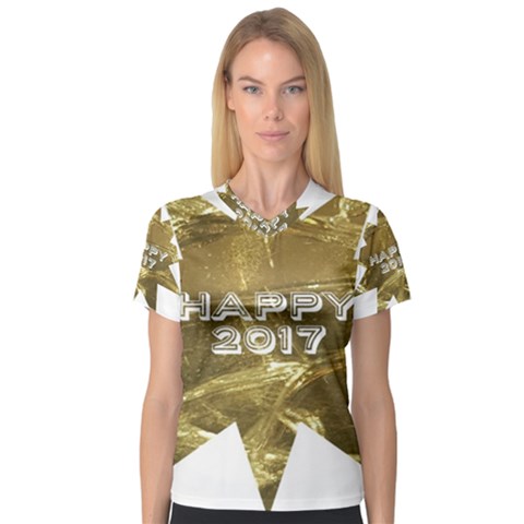 Happy New Year 2017 Gold White Star Women s V-neck Sport Mesh Tee by yoursparklingshop