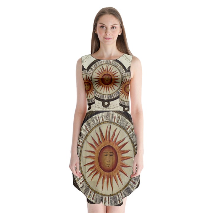 Ancient Aztec Sun Calendar 1790 Vintage Drawing Sleeveless Chiffon Dress  