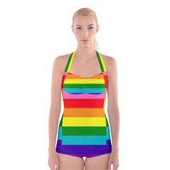 Colorful Stripes Lgbt Rainbow Flag Boyleg Halter Swimsuit  by yoursparklingshop